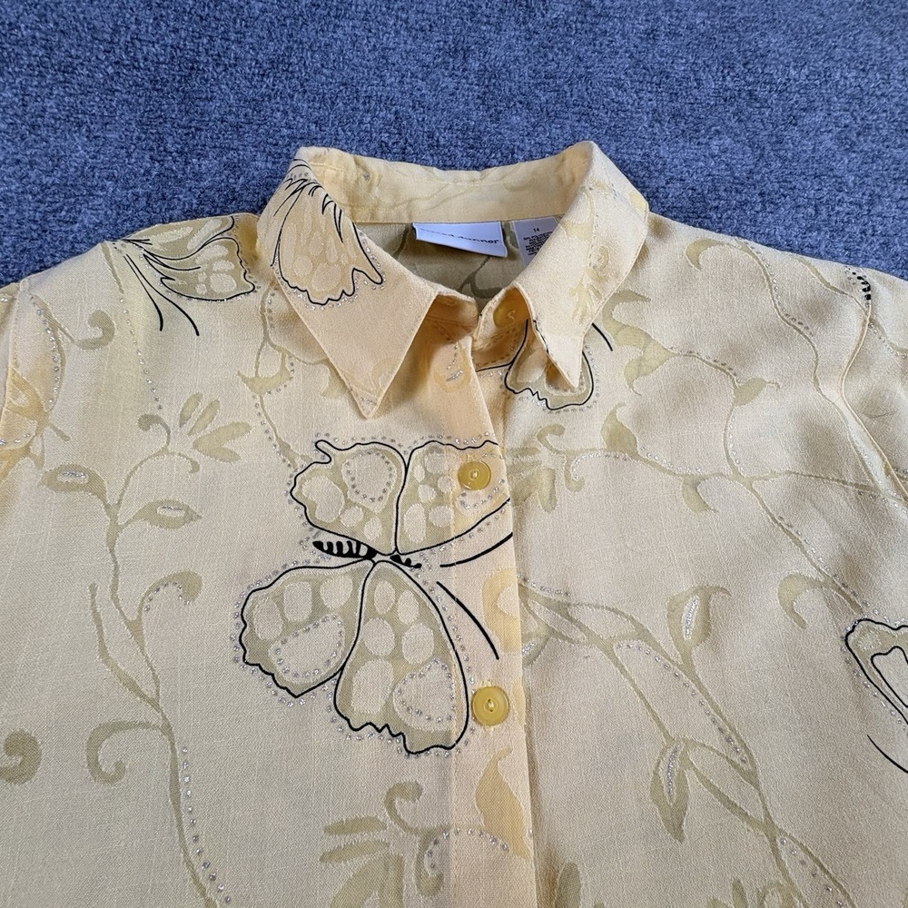 Alfred Dunner Blouse Women 14 Yellow Butterfly Button Up Silver Sparkle Coastal - Picture 3 of 12